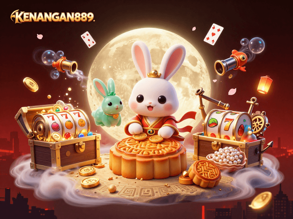 Win big with KENANGAN889 in a vibrant casino scene featuring iconic characters and gaming elements.