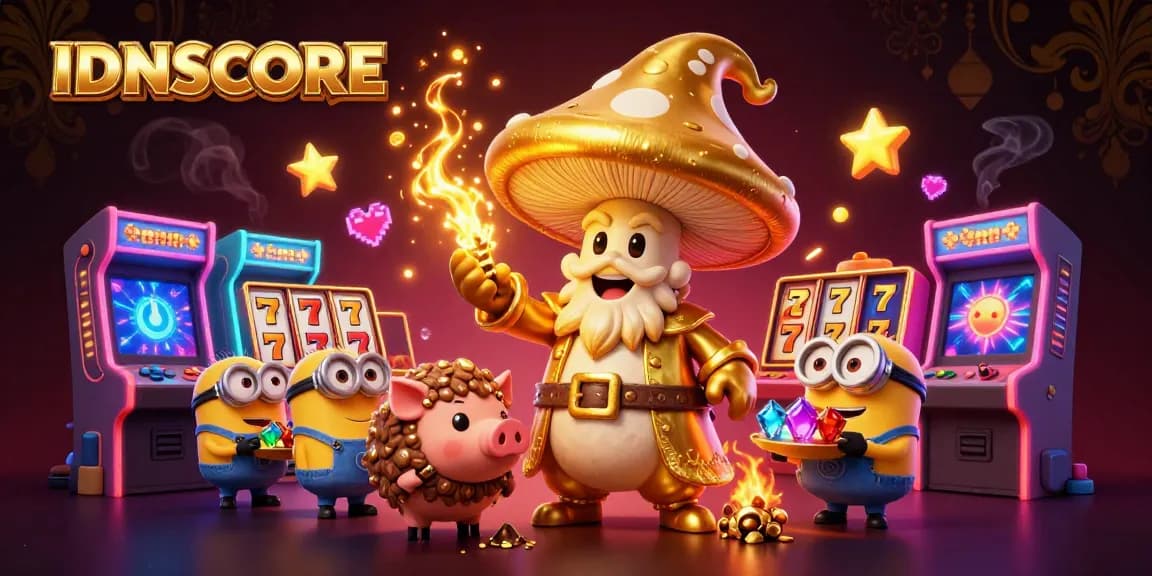 Experience the excitement of IDNSCORE with a magical golden wizard and treasure-hunting pig in this vibrant digital casino scene.