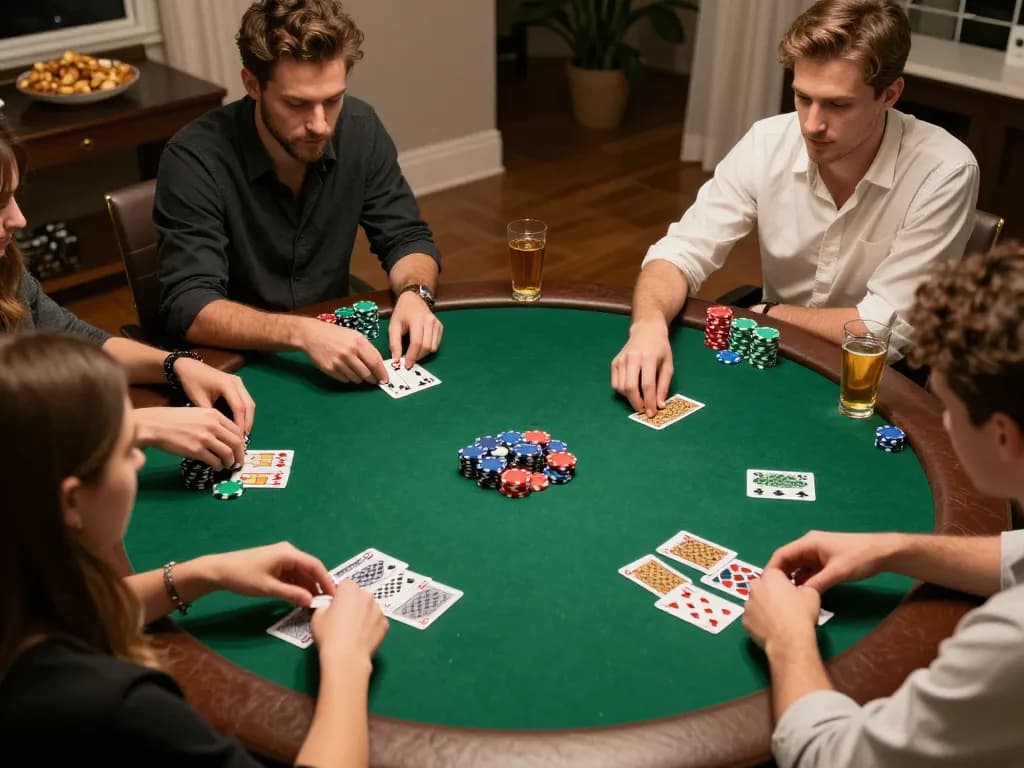 Engaged friends strategizing in a vibrant home poker game highlighting mantra88 for exciting social entertainment.