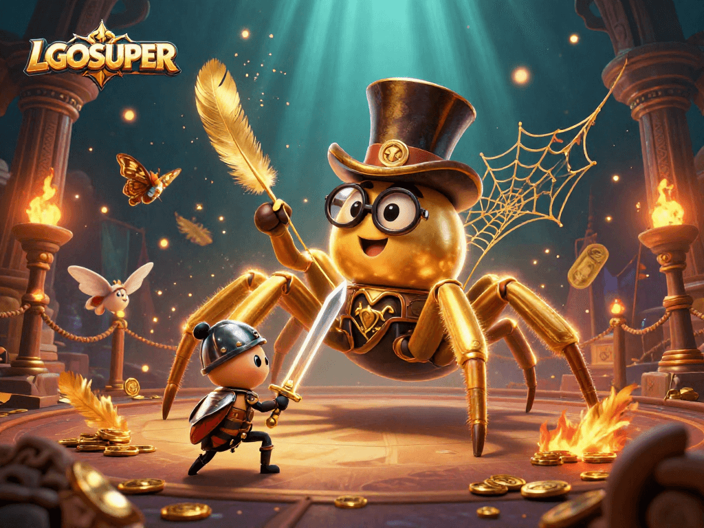 Join exciting gameplay with LGOSUPER's golden tarantula and beetle knight in a vibrant casino scene.