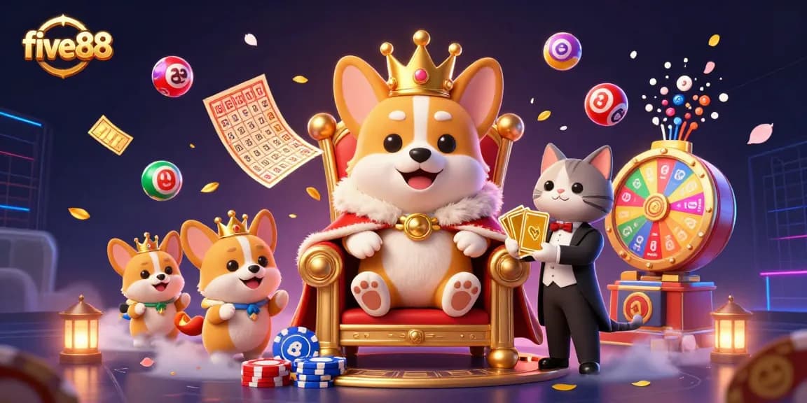Engage in thrilling gameplay with five88 as royal corgis celebrate atop poker chips in a colorful casino scene.
