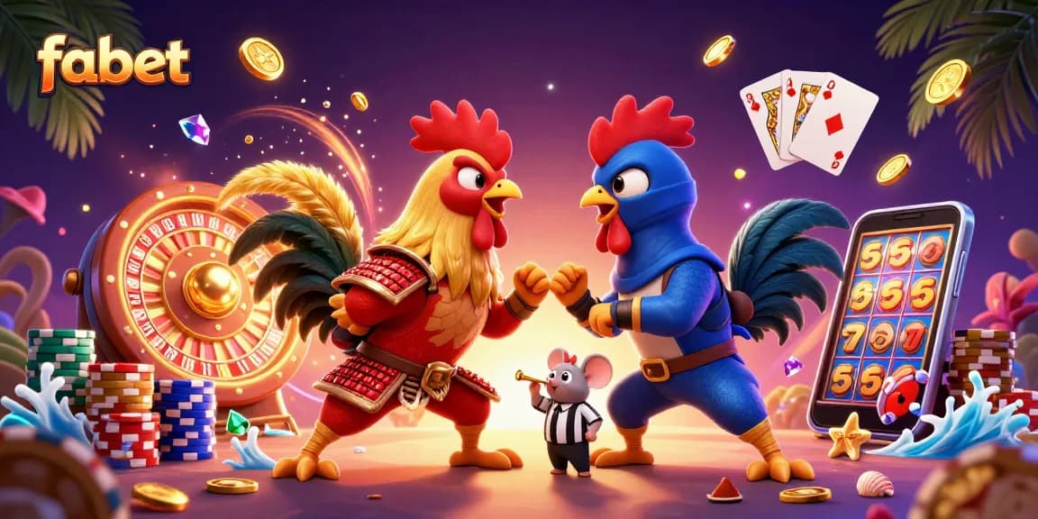 Engage with fabet's thrilling gambling scene showcasing fighting roosters, coins, and roulette.