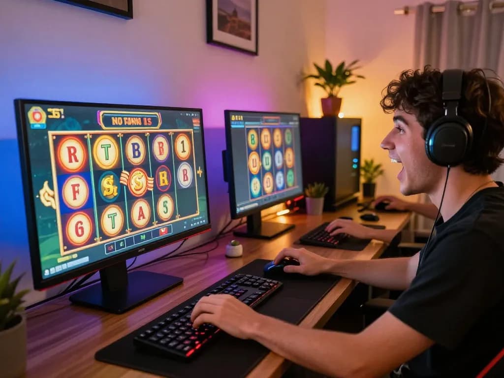 Player enjoying an online slot game on rokok88 with vibrant reels and cozy gaming setup