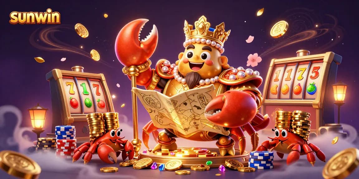 Spin the reels at sunwin with a golden crab emperor amid vibrant casino elements.
