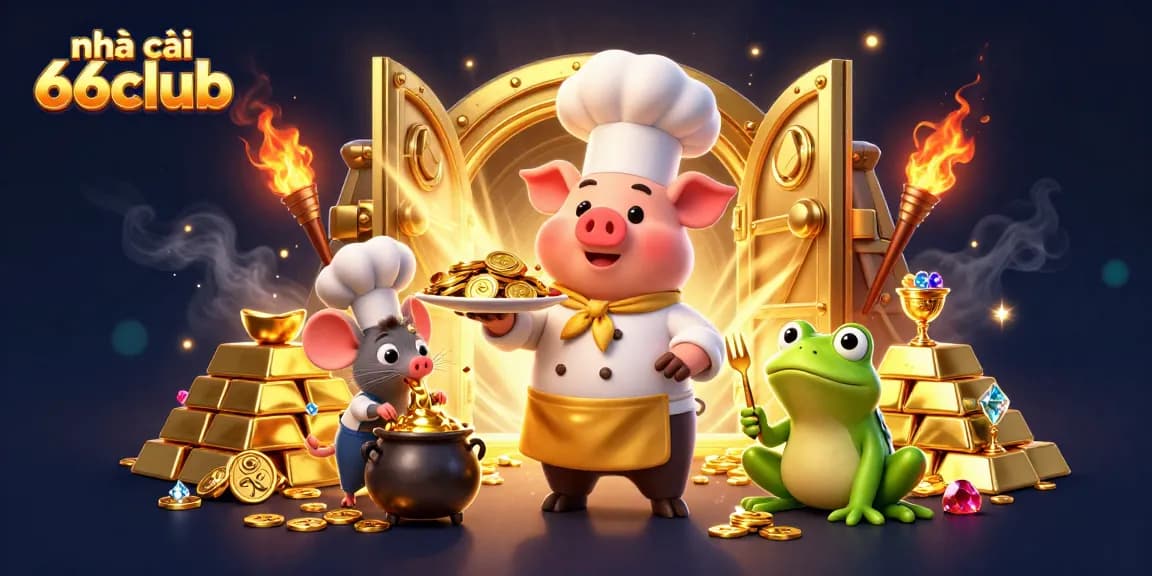 Engaging scene showcasing nhà cái 66club with characters serving gold coins in a vibrant casino atmosphere.