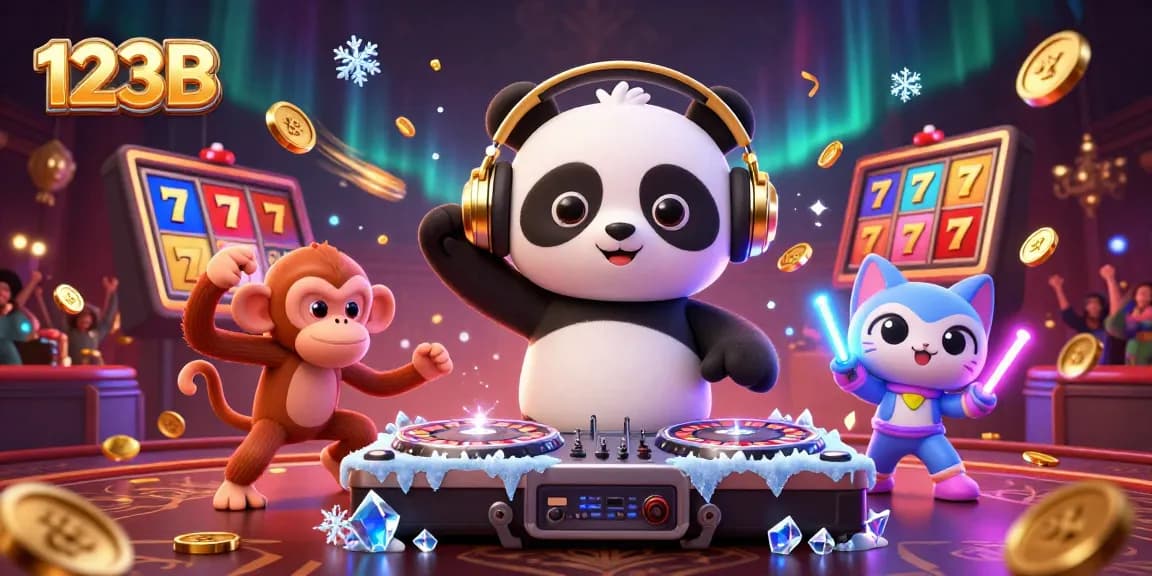 Engage with 123B's exciting casino scene featuring a DJ panda, breakdancing monkey, and rave gear kitten.