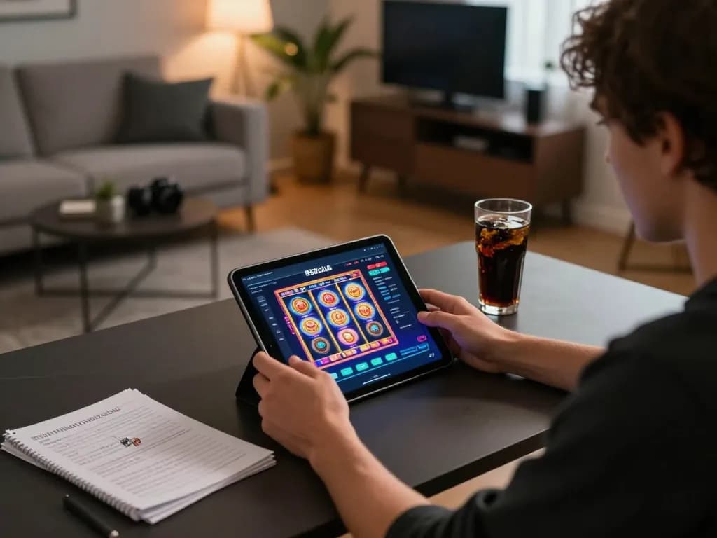 Player enjoying B52club online gaming experience on a tablet, showcasing vibrant slot graphics.