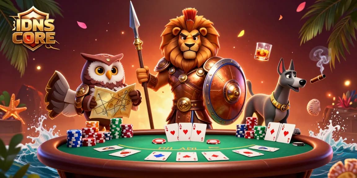 IDNSCORE showcases a dynamic gaming scene with a Spartan lion, tactical owl, and greyhound, surrounded by poker elements.