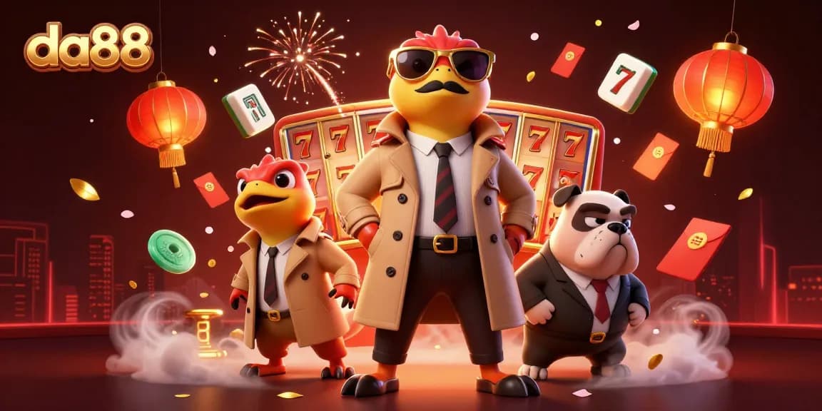 Experience da88 excitement as three cartoon raptors cleverly disguise themselves to sneak into a VIP casino lounge.