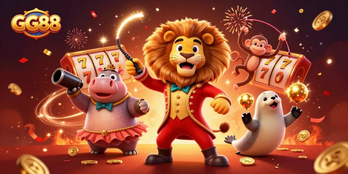 Win big with GG88 in a vibrant 3D illustration showcasing characters and exciting slot reels.
