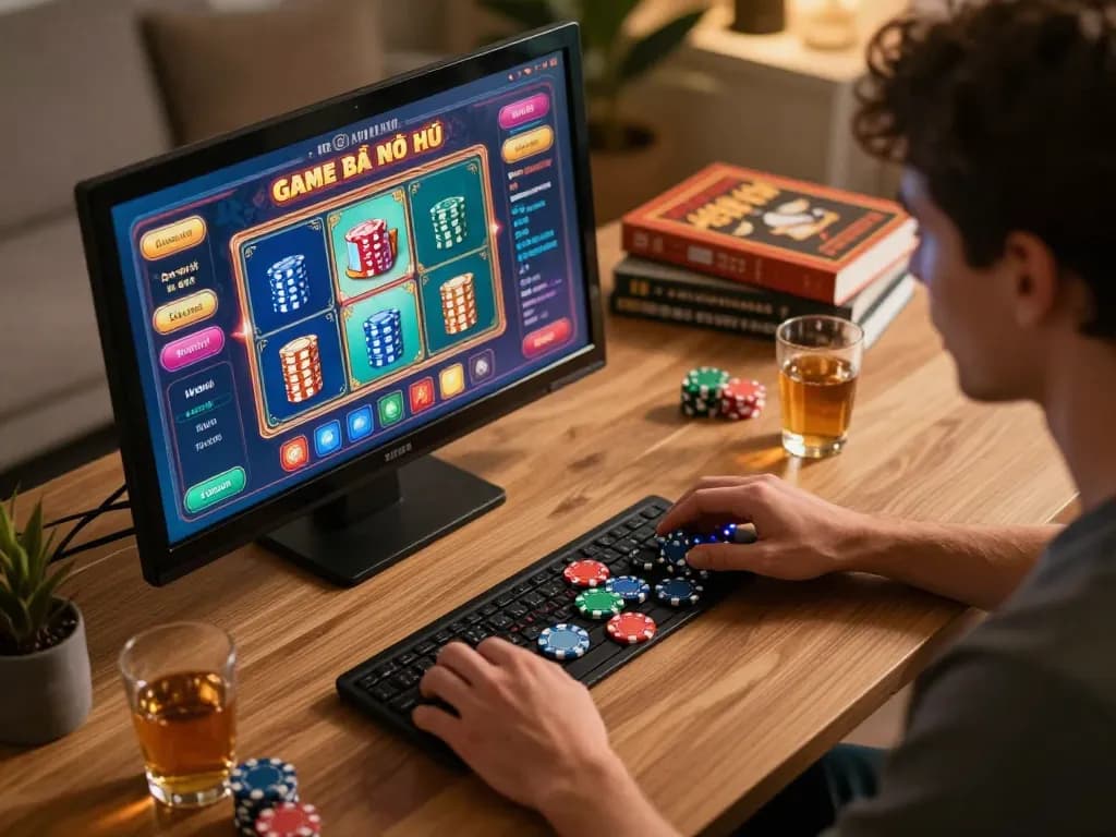 Engaged player exploring Game bài nổ hũ on desktop interface with chips and beverage.