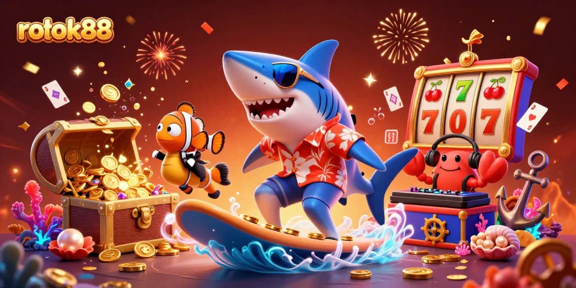 Experience thrilling wins with rokok88 featuring vibrant characters in a dazzling casino scene.