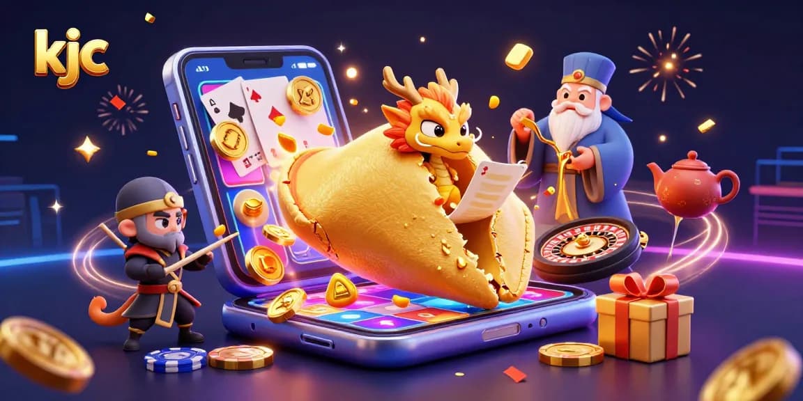 Engage with exciting features at kjc's online platform, showcasing a vibrant 3D casino scene with golden bursts and dynamic RPG elements.