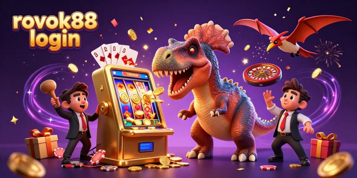 The 3D illustration shows a pachycephalosaurus celebrating a big win at a golden slot machine, capturing the excitement of rokok88 login.