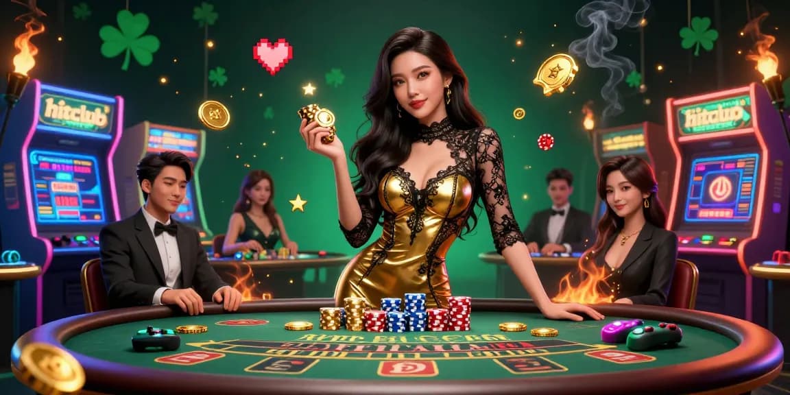 Hitclub's glamorous Asian woman at a VIP baccarat table, showcasing vibrant casino elements.