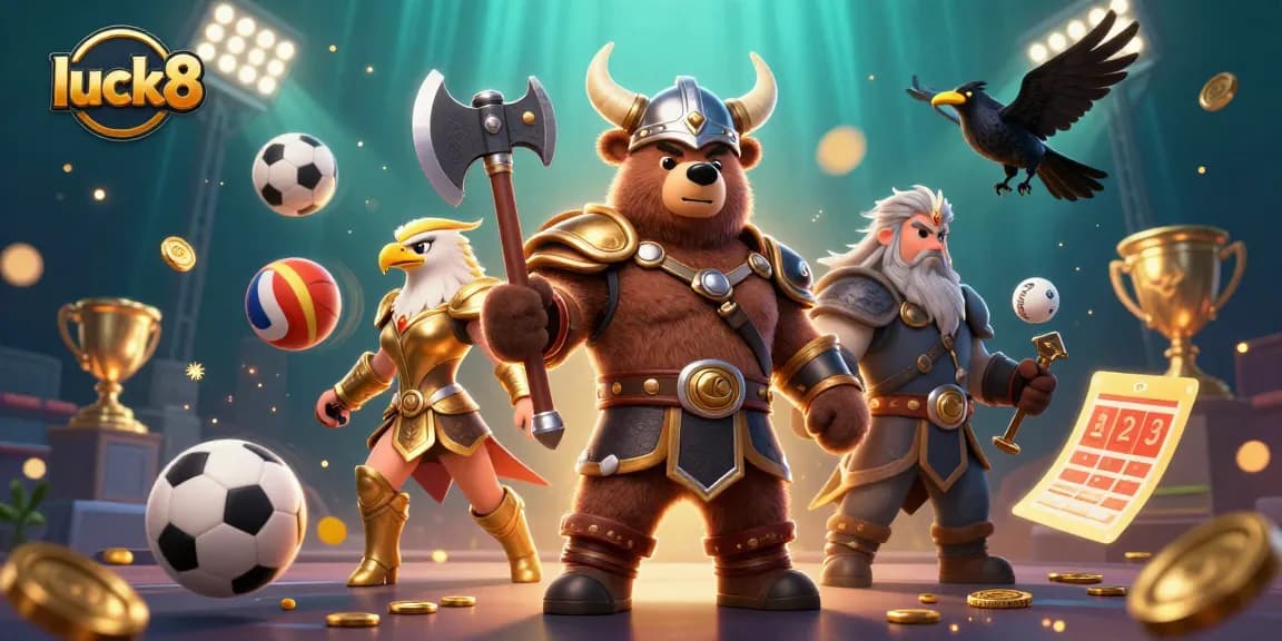 Engage with luck8's dynamic gambling scene featuring a Viking berserker and Valkyrie amidst energetic sports elements.