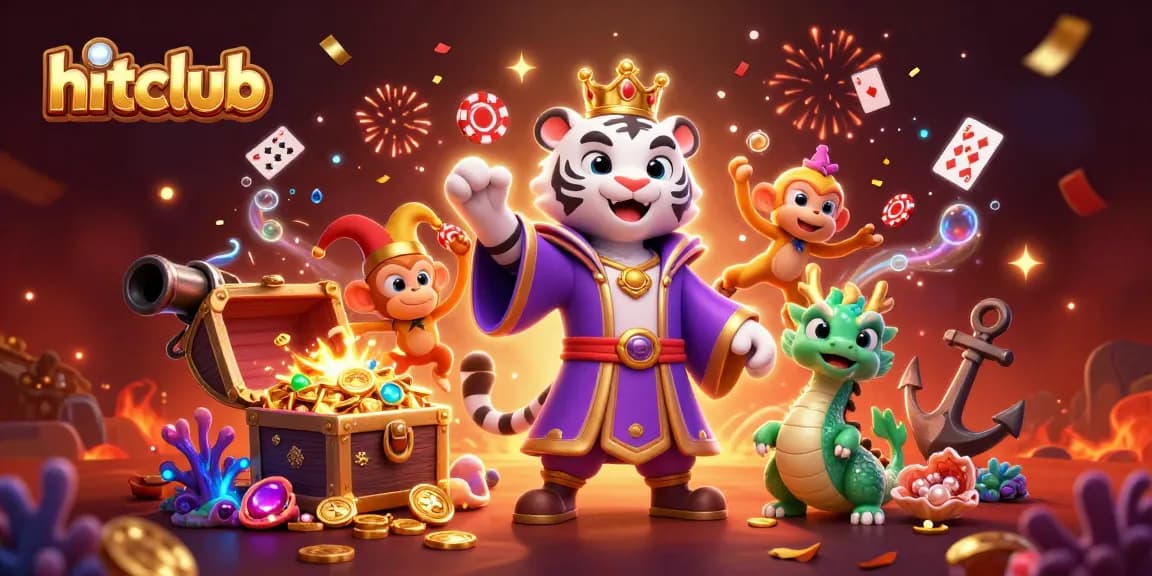 Experience excitement at hitclub with a vibrant 3D illustration of characters celebrating amidst casino elements.