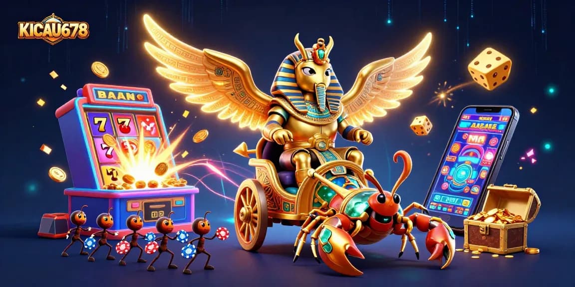 KICAU678 showcases a vibrant casino scene with a golden scarab beetle and scorpions among slot machine bursts.