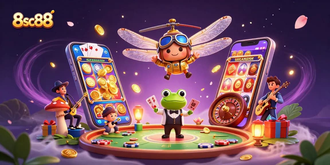 Experience thrilling casino action at 8sc88 with a whimsical dragonfly pilot and a frog croupier.
