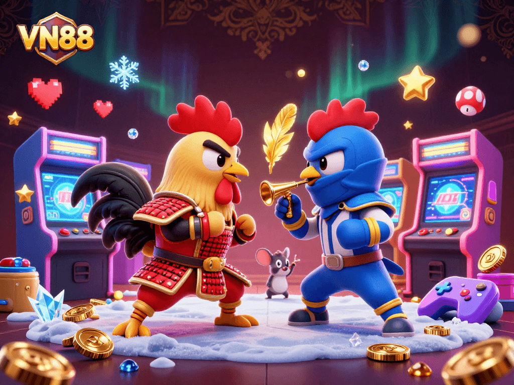 Experience thrilling action at VN88 with 3D cartoon fighting roosters in a colorful casino scene.