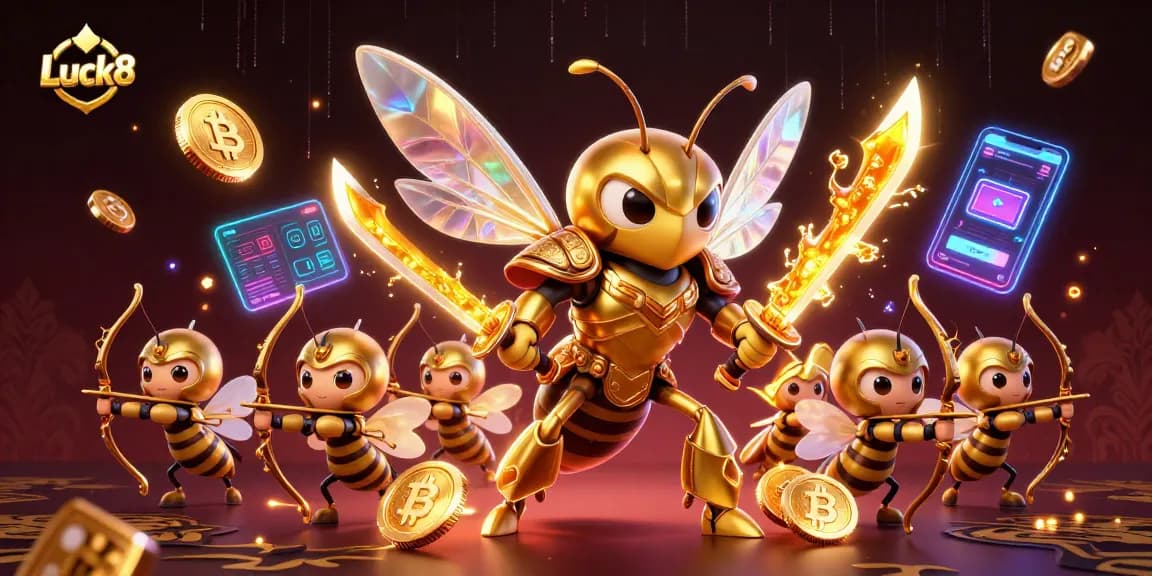 Experience exciting gameplay at Luck8 with a vibrant illustration featuring 3D casino elements and characters.