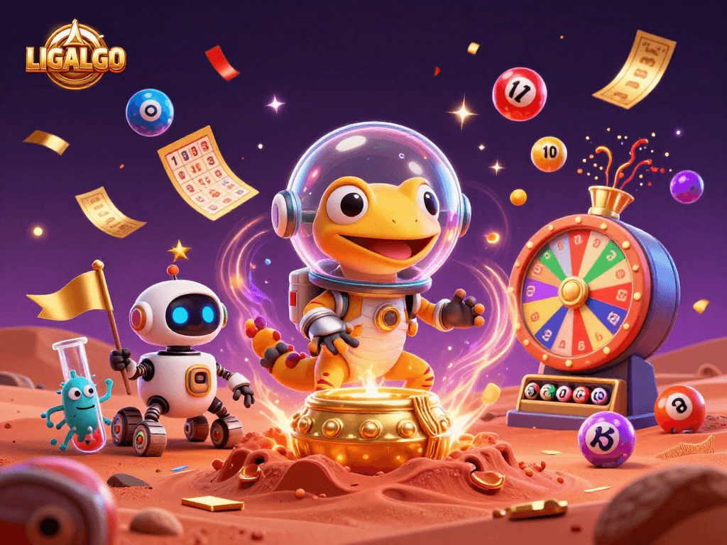 LIGALGO showcases a vibrant casino scene with a Martian gecko uncovering treasures, enhancing your gaming excitement.