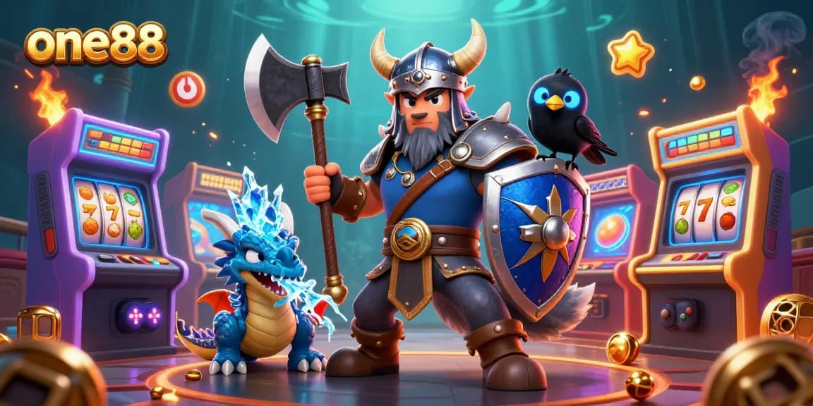 Engage with the vibrant one88 casino experience, featuring a Viking wolf warrior, fierce dragon, and dynamic gambling elements.