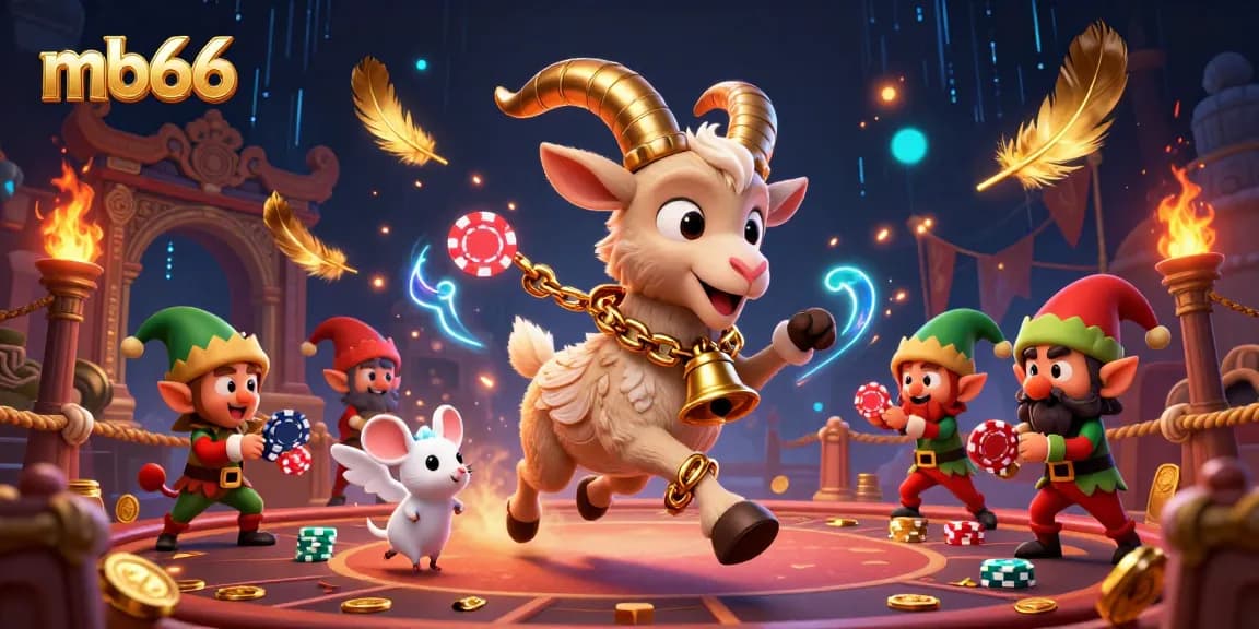 Play exciting casino games at mb66 with a dynamic scene featuring 3D characters in a festive environment.