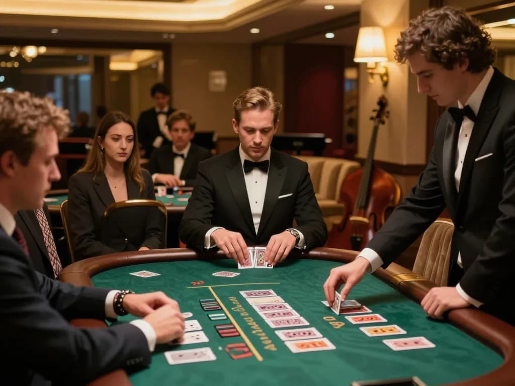 Players at GG88's blackjack table celebrate a winning hand in a luxury casino setting.
