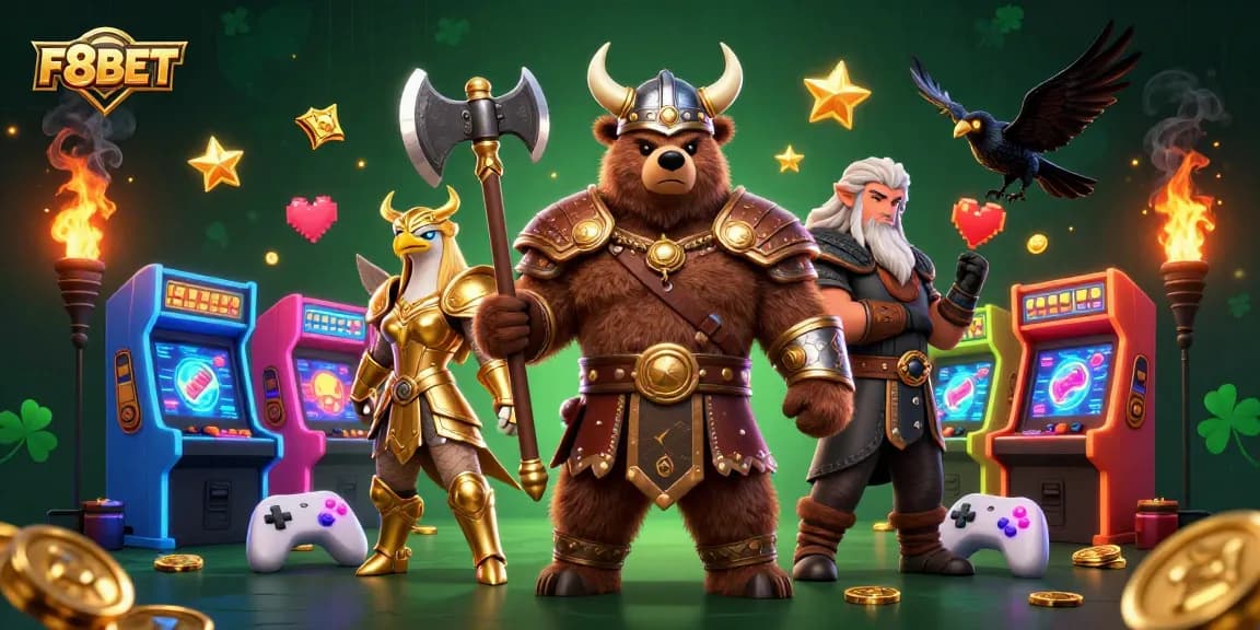 Experience F8BET's thrilling gaming atmosphere with Viking bears and Valkyries in a dynamic 3D casino scene.