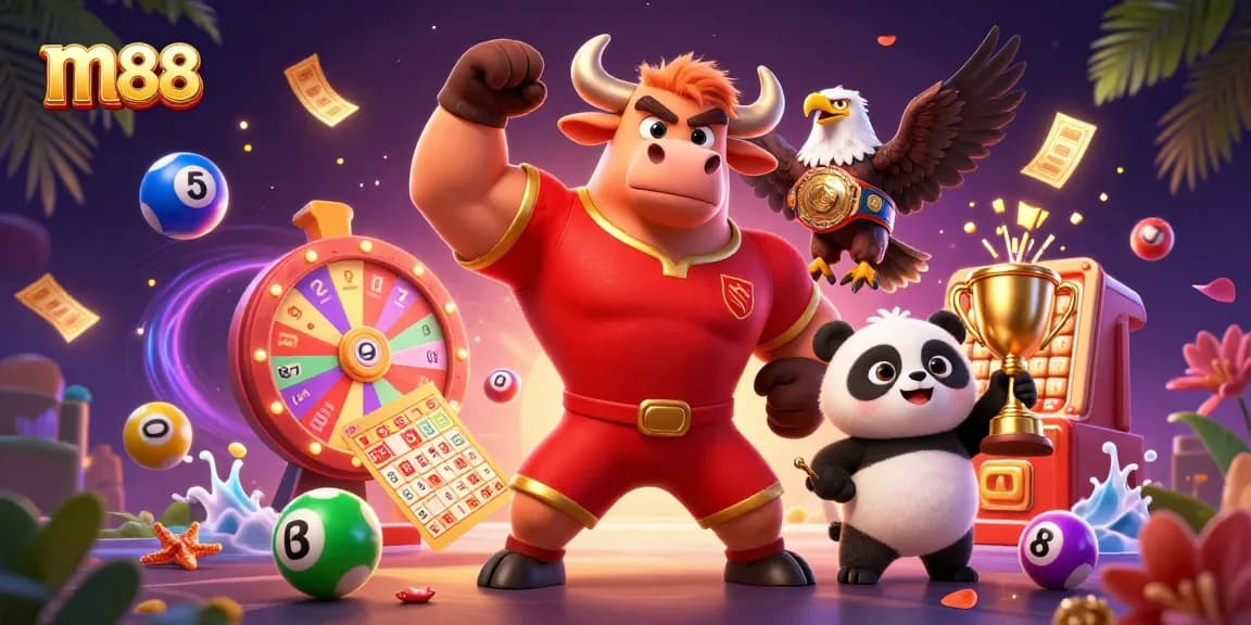 Win big with m88 in a vibrant casino scene featuring cartoon characters and dynamic game elements