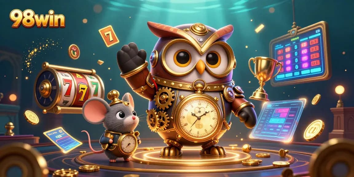Engage with 98win through this vibrant, dynamic casino scene featuring steampunk elements and golden trophies.