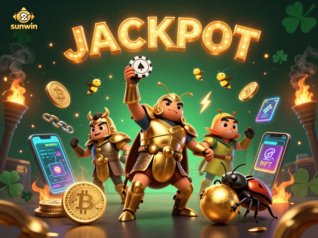 sunwin jackpot victory scene featuring a beetle in golden armor with lively gaming elements