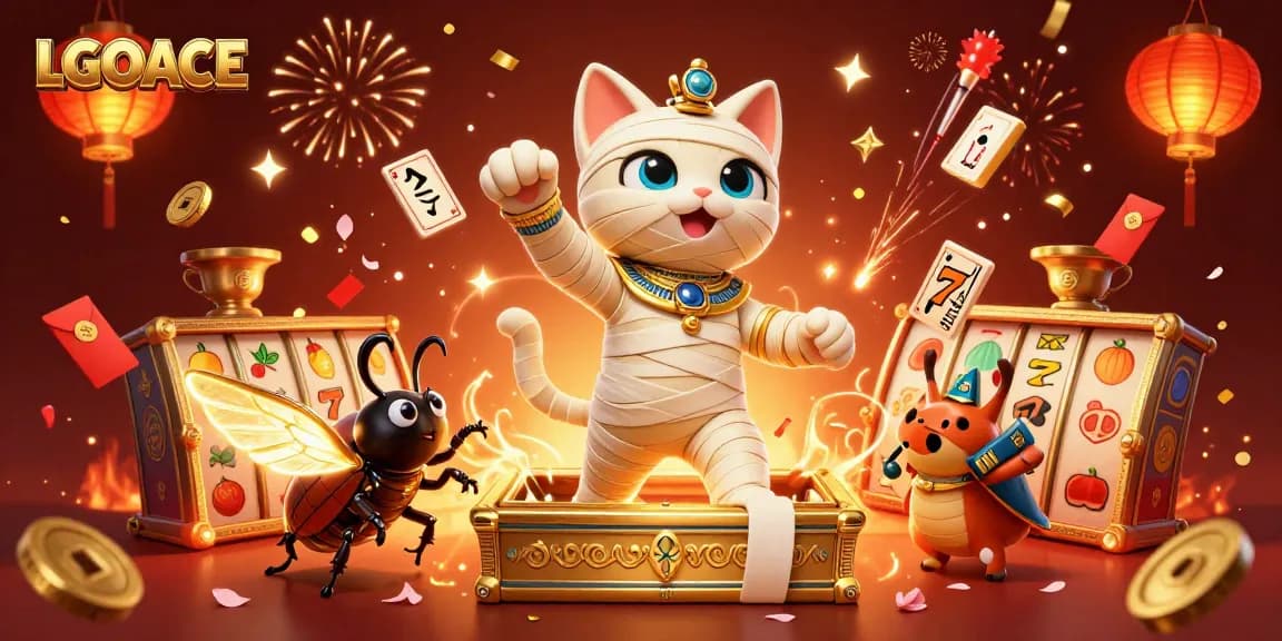 LGOACE invites players to win big with a vivid scene of a mummy cat and joyful gambling elements.