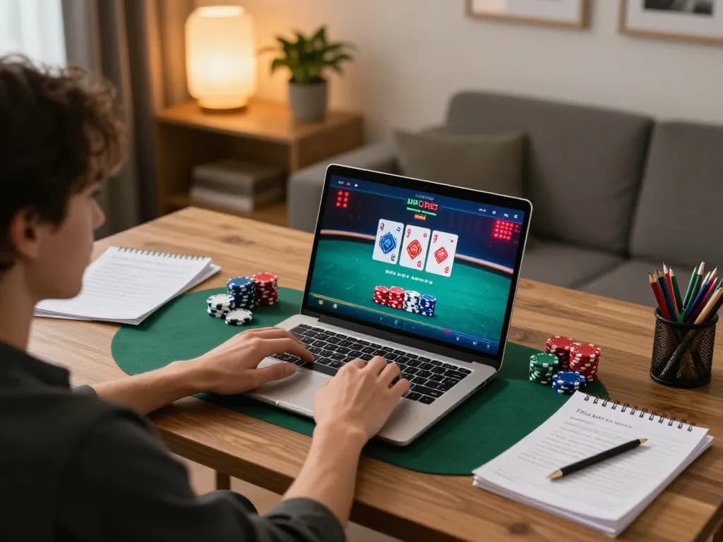 Player enjoying an engaging online poker game on llwin, with vibrant decor and strategic notes.