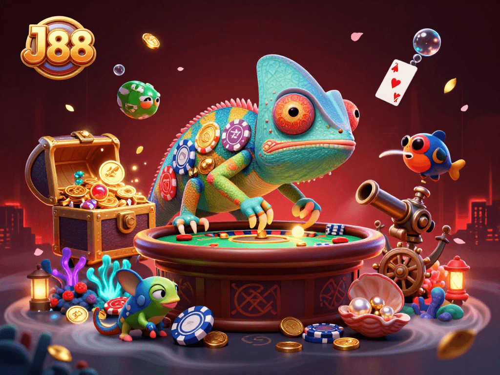 J88 casino chameleon captures golden coins in a vibrant underwater gambling scene.