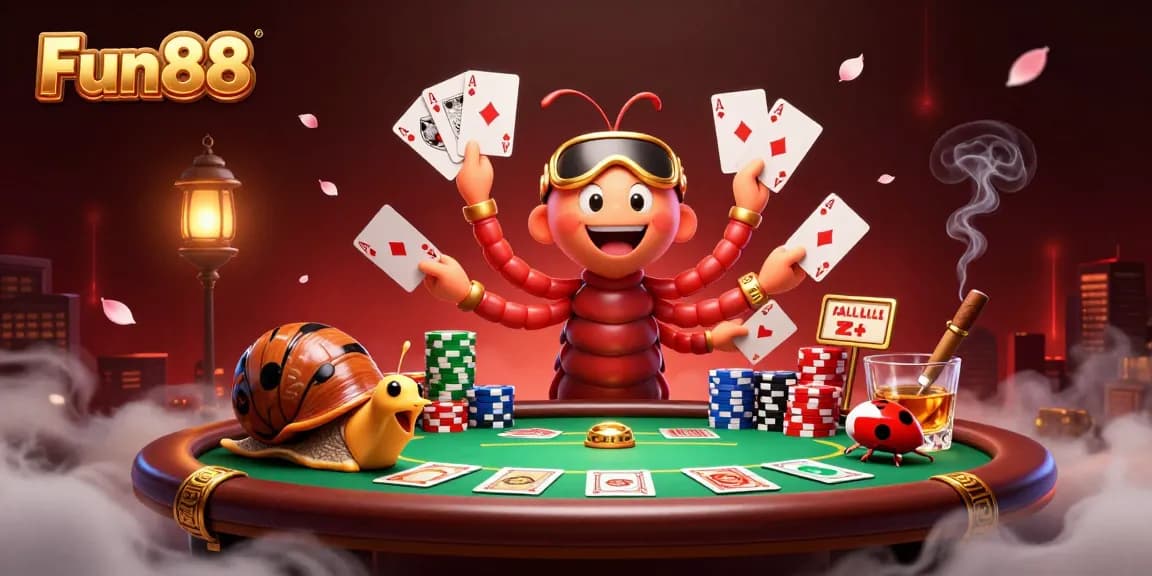 Fun88 engages players with a lively poker scene featuring a millipede dealer and vibrant card elements.