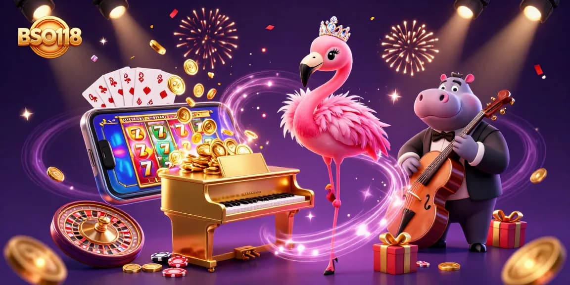 Join the fun with BSO118's vibrant casino extravaganza featuring lively characters and thrilling game elements.
