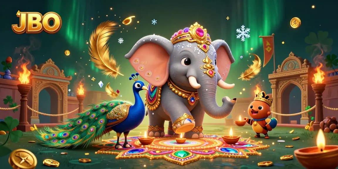 Engage with JBO’s vibrant elephant and peacock amidst a thrilling casino scene full of excitement.