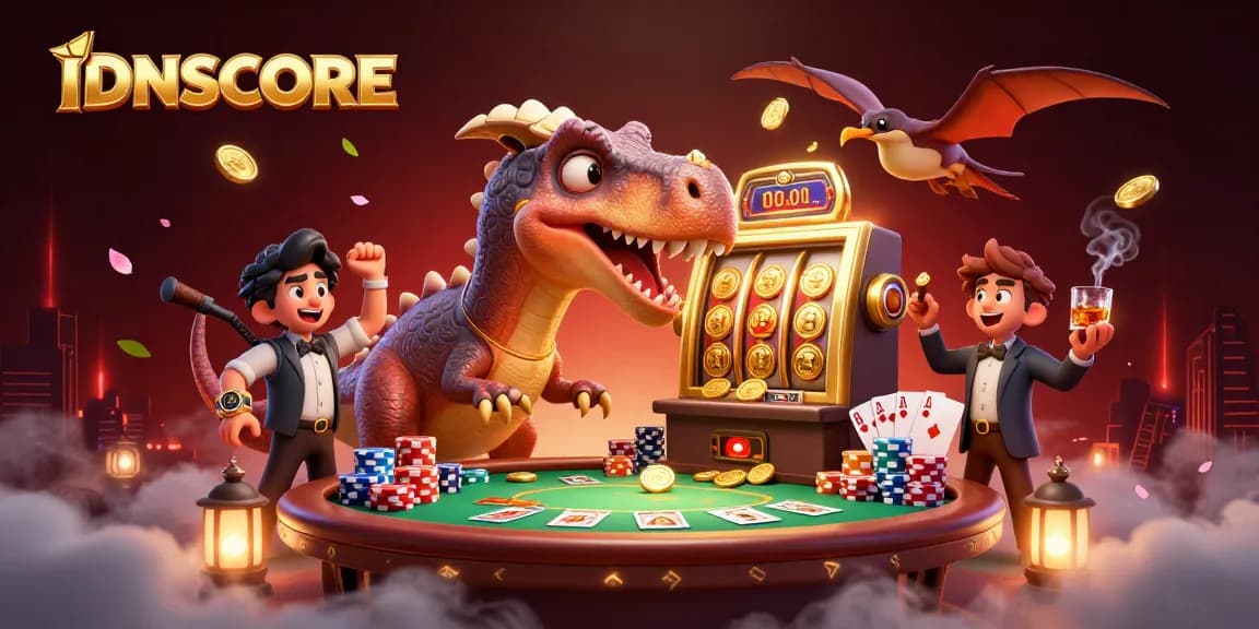 IDNSCORE offers a vibrant casino scene with a dinosaur and slot machine celebrating big wins.