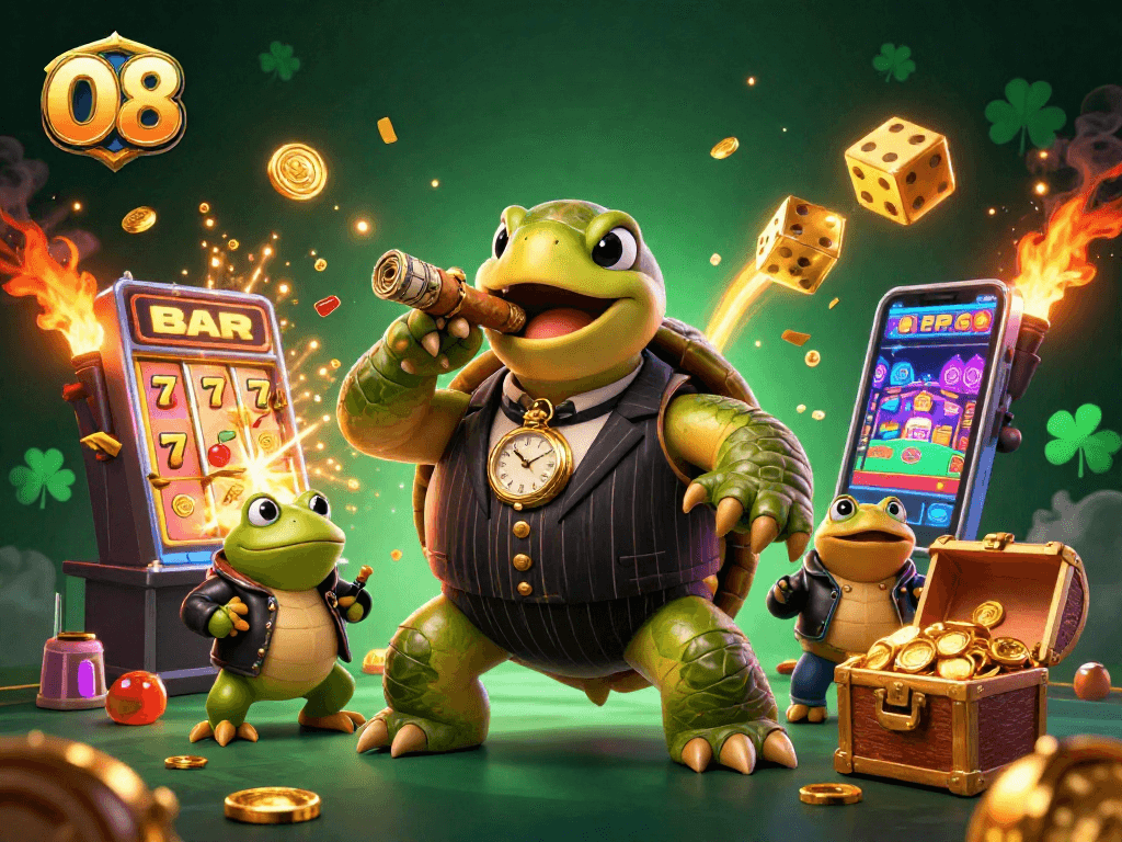 Engage with the thrilling O8 casino experience depicted in a vibrant 3D illustration featuring a unique mobster turtle.
