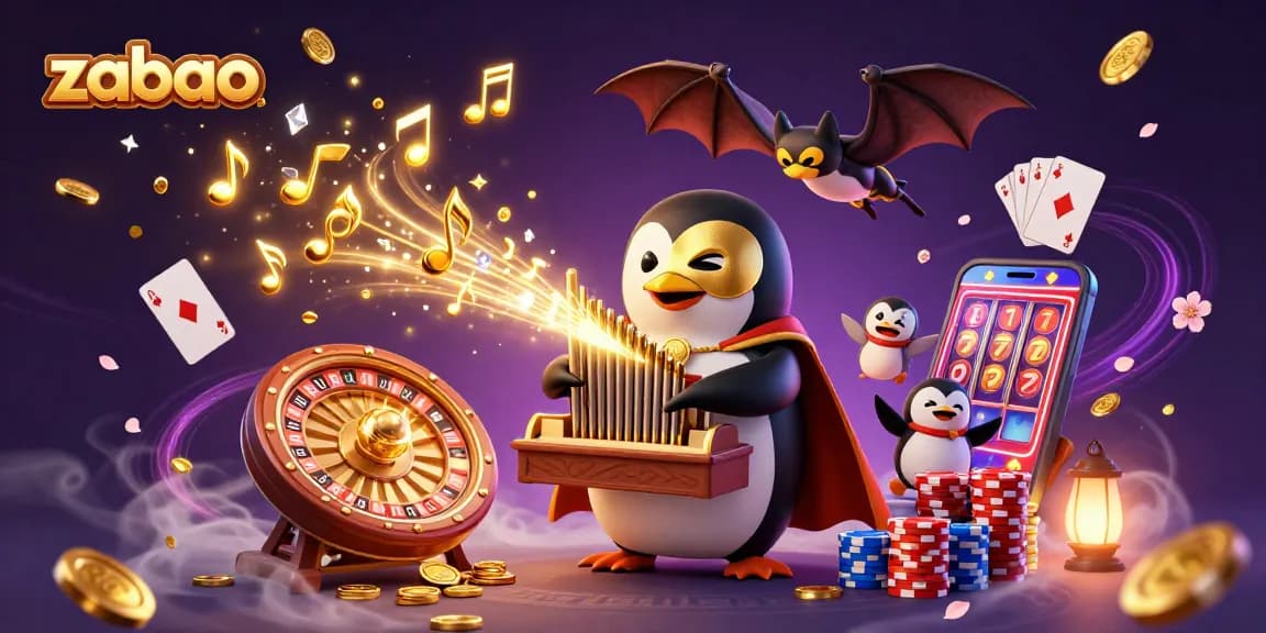 Experience zaobao's thrilling gaming action with a dynamic 3D casino scene featuring a penguin and golden coins.