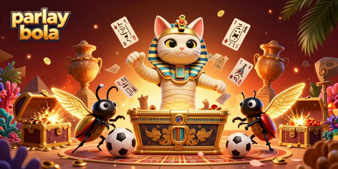 Bet on parlay bola with dynamic mummy and gaming elements in a vibrant casino setting.
