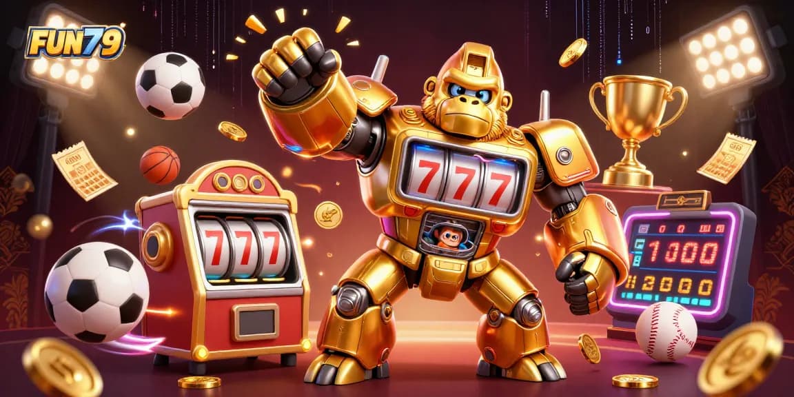 Experience thrilling gameplay at FUN79 with a golden gorilla mech, sports balls, and dynamic elements!