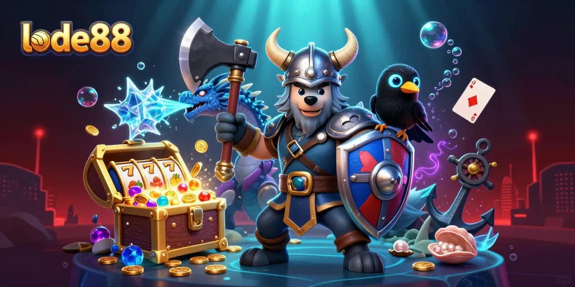 Engage with lode88's casino experience through a vibrant 3D illustration of Viking adventures and slot excitement.