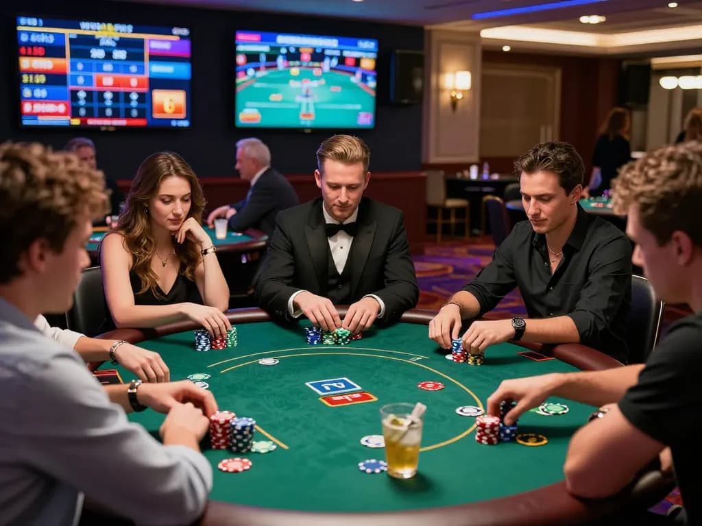Exciting gambling atmosphere at a liga sedayu poker table with friends and colorful chips.