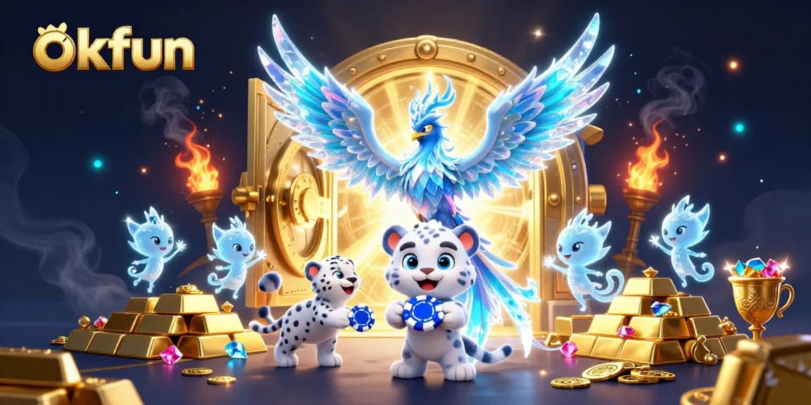 Engage with OKFUN for an immersive online casino experience featuring vibrant characters and golden treasures.