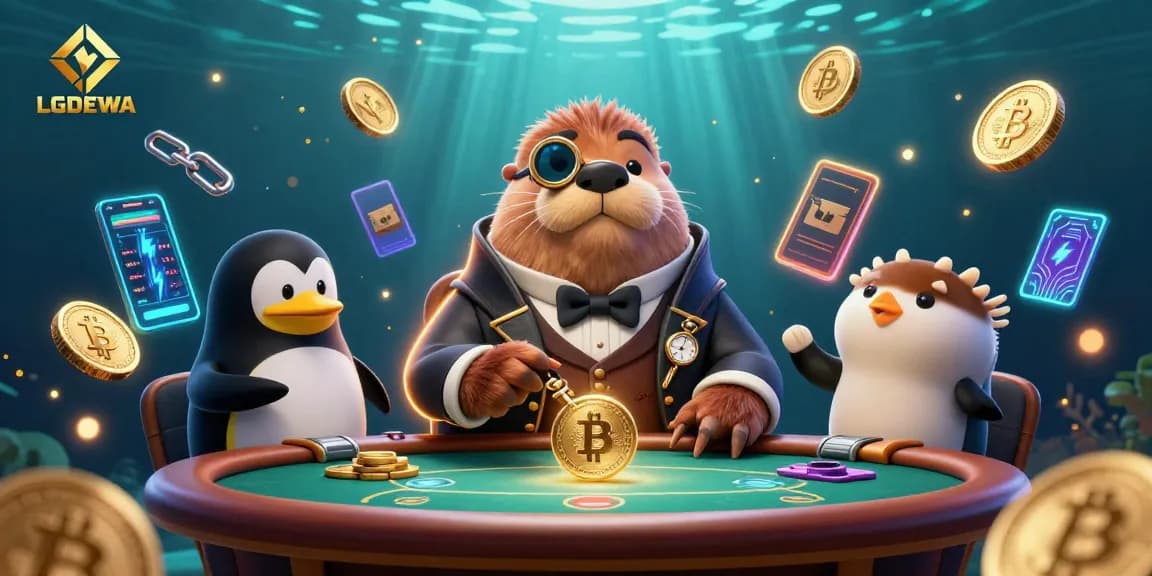 Engage with LGODEWA's dynamic poker scene featuring a walrus, penguin dealer, and a bluffing pufferfish.
