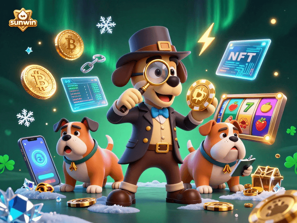 Engage in sunwin gaming with a detective scene showcasing poker clues, crypto coins, and vibrant slot elements.