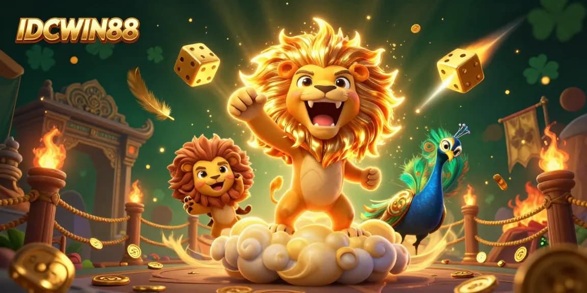 Experience the thrill of IDCWIN88 with a vibrant casino-themed illustration featuring a roaring lion and gold dice.